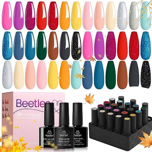 Beetles Gel Nail Polish - 20 Pcs Gel Nail Polish Set Pastel Paradise Soak Off Nail Gel Polish Nude Gray Pink Blue Glitter Gel Polish Starter Kit