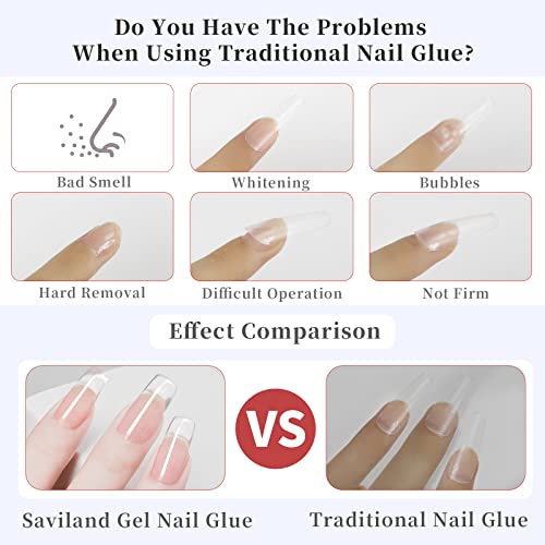 Saviland 15ML Gel Nail Glue - 4 In 1 Extra Strong Nail Glue Gel for Long Lasting Acrylic Nail Tips, Brush on Nail Glue for Broken Nail Extension