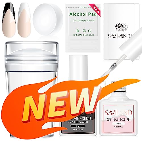 Saviland French Nail Stamp Kit – Clear Nail Stamper with White Gel Nail Polish & Nail Scraper French Nail Tip Tools Silicone Jelly French Tip Sta