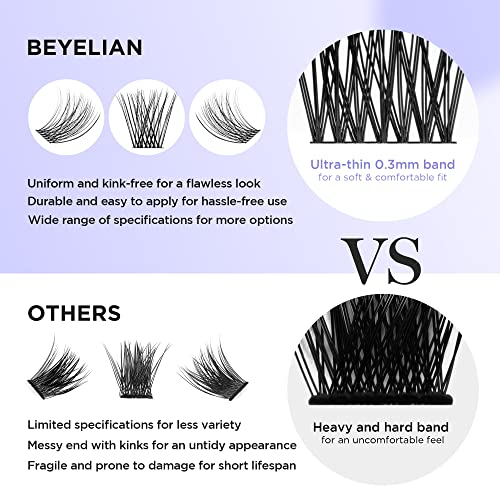 BEYELIAN Cluster Lashes, D+ Curl Individual Lashes, 168 Pcs Cluster Eyelash Extensions 0.07mm 10-16mm Mixed DIY Lash Clusters Reusable Super Thin