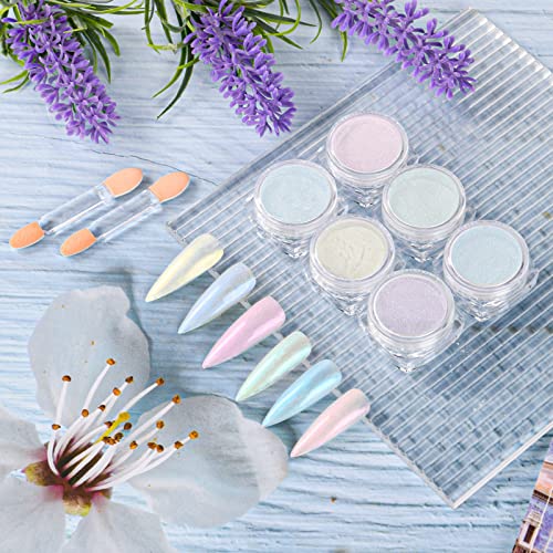 URAQT Chrome Nail Powder, 6Pcs Holographic Pearl Nail Powder, Ice Mermaid Aurora Nail Art Pigment Powder with 2 Sponge Brush, Mirror Effect Pigme