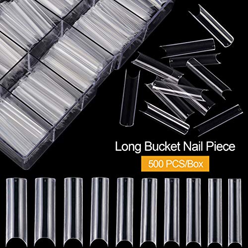 Kalolary Clear Extra Long C Curved False Nail Tips, 500PCS XXL Long Nail Tips C/U Curve Half Cover French False Nail Acrylic Fake Nail Tips with
