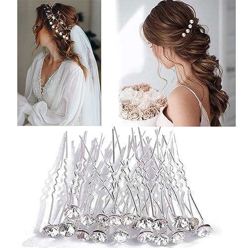40 Pack Wedding Bridal Rhinestone Hair Pins Clips, Diamante Pins Bobby Grips Flower Crystal Hair Styling Accessories Silver