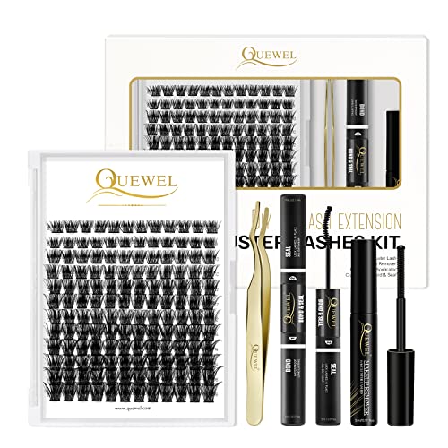 Individual Lashes 240 Cluster-Lashes QUEWEL DIY Lash-Extensions Kit, Clusters Eyelash Applicator, Cluster Lashes Bond and Seal Super Hold, Cluste