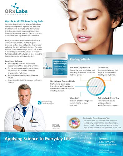 QRxLabs Glycolic Acid 20% Resurfacing Pads With Vitamins B5, C & E, Green Tea, Calendula, Allantoin - Exfoliates Surface Skin And Reduces Fine Li