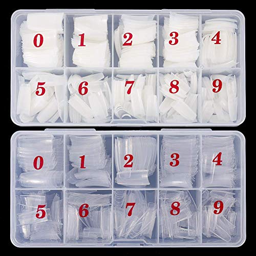FANTESI 1000 Pcs Acrylic Nail Tips French Half Cover Fake Nails Artificial Coffin Nails 10 Sizes for Nail Salons and DIY Nail Art Manicure Tool w