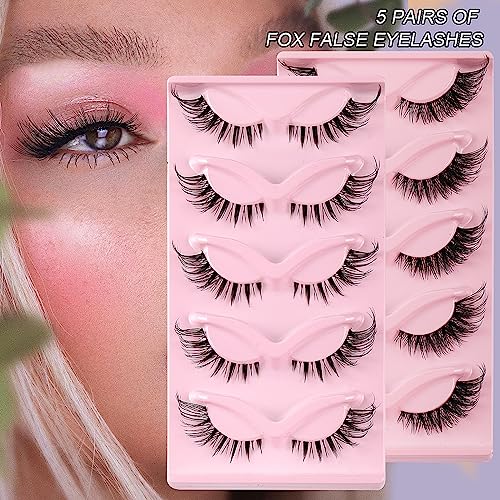 Eyelashes Fox Eye Lashes - Cat Eye Lashes - Natural Look False Eyelashes Fluffy Wispy Eyelashes 5 Pairs