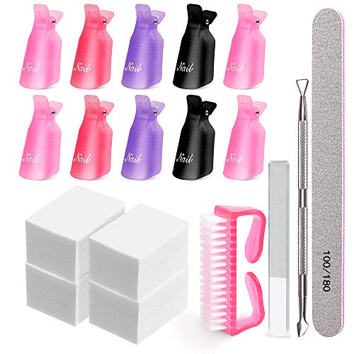 Gel Nail Remover Kit, MORGLES 10PCS Nail Clips Gel Nail Remover Clips 300Pcs Nail Wipe Cotton Pads Nail Files 100/180 Glass Nail Shiner with Cuti