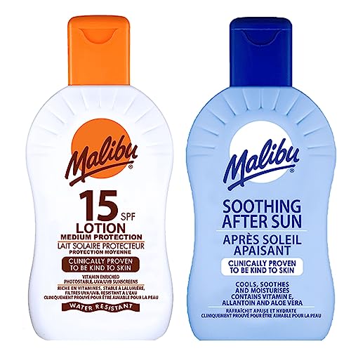 Malibu Sun Lotion Sunscreen SPF15 100ml bundled with Malibu After Sun Soothing Cooling Lotion 100ml - Travel Bundle by Deluxio Gifts