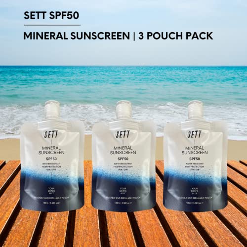 PACK OF 3 - SETT SPF50 Mineral Sunscreen POUCH 100ml. Less Packaging. Water Resistant!