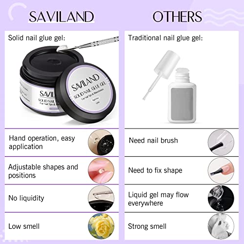 Saviland 15ML Solid Nail Glue Gel - 4 In 1 Extra Strong Nail Tips Glue Gel for Nails, Stick On Gel Nail Glue for Acrylic Tips Strong Nail Glue an