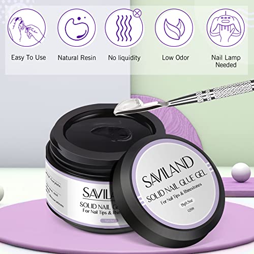 Saviland 15ML Solid Nail Glue Gel - 4 In 1 Extra Strong Nail Tips Glue Gel for Nails, Stick On Gel Nail Glue for Acrylic Tips Strong Nail Glue an