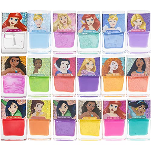 Disney Princess - Townley Girl Water Based Peel-Off Nail Polish Set with Shimmery and Opaque Colors with Nail Gems for Girls Kids Ages 18 Pcs 3+