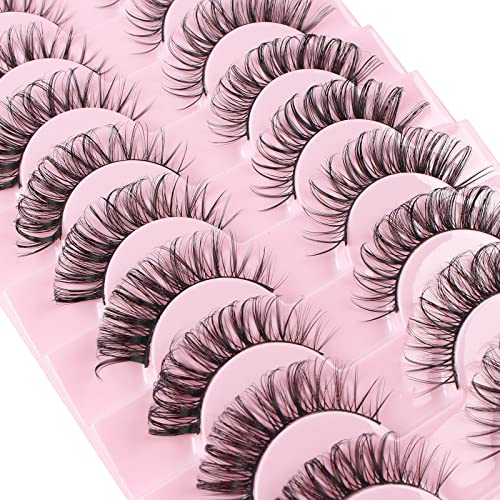 Glowingwin Cat Eye Lashes Natural Look Russian Eyelashes D Curl Russian Strip Lashes Wispy Fluffy 3D Faux Mink Lashes Hybrid Strip Lashes 10 Pair