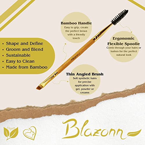Blazonn Eyebrow Brush, Bamboo Handle and Spoolie 2in1 Angled Brush, Use with Gel, Cream or Powder, for Lining and Shaping Brows and Eyelashes, Ve