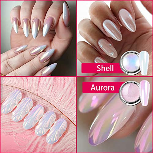 Chrome Nail Powder, White Pearl Nail Powder 4Pcs Chrome Powder for Nails, Metallic Holographic Nail Powder Mermaid Aurora Nail Art Pigment Solid