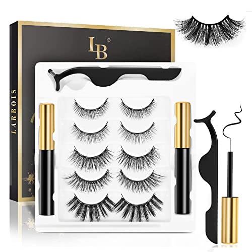 Magnetic Eyelashs Natural Look, Larbois 5 Paires Magnetic Eyelashes with Eyeliner Kit, Self Adhesive&Reusable Fluffy Fake Eyelashes Set and Water