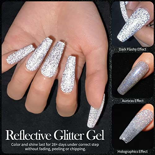 BORN PRETTY Reflective Glitter Gel Polish Holographics Reflective Gel Nail Polish Sparkly Shiny Disco DJ LED Gel Gift Set for Women