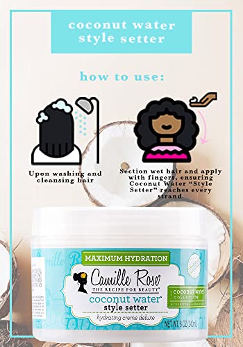Camille Rose Coconut Water Style Setter 240ml - Tropical cream hair gel, crafted to hydrate and hold styles in place. Natural, clean formula. For