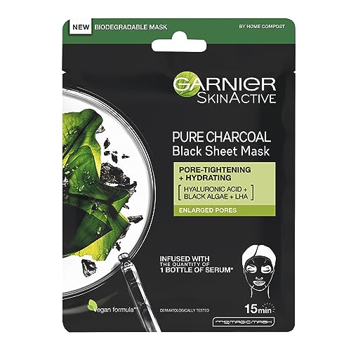 Garnier Pure Charcoal and Algae Sheet Mask, Purifying and Hydrating Face Mask With Hyaluronic Acid, LHA & Black Algae, Tightens Enlarged Pores &