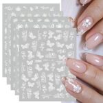 JMEOWIO 12 Sheets Spring White Flower Nail Art Stickers Decals Self-Adhesive Summer Butterfly Leaf Floral Nail Supplies Nail Art Design Decoratio