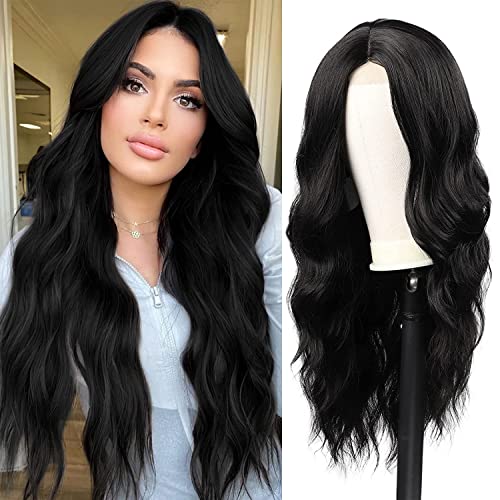 Long Brown Wavy Wig 24 Inch Highlight Wigs for Women Middle Part Curly Synthetic Hair Natural Looking Heat Resistant Fiber for Daily Party Use (B
