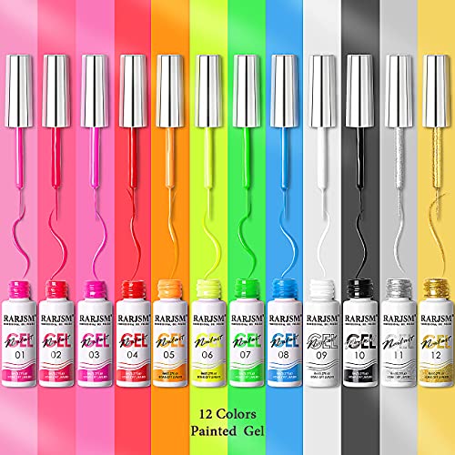 RARJSM Nail Art Gel Nail Polish 8ml Painted Gel Polish Kit 12 Colors Painting Drawing Gel Liner Polish,Pull Line Gel Polish for DIY French Manicu