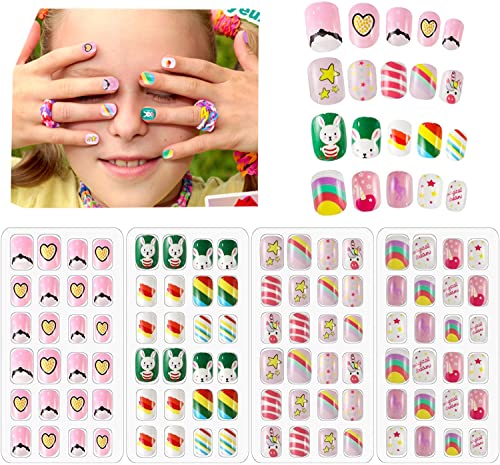 96Pcs Kids Stick On Nails, Kids Press on Nails False Nails Fake Nails Artificial Nail Tips Full Cover Short False Fingernails for Girls Kids Gift
