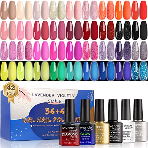 Lavender Violets 36+6 Pcs Gel Nail Polishes Set Neon UV LED Soak Off Varnish With Base,Glossy/Matte/Dimond/Glow-in-the-dark Top Coat Starter Kit