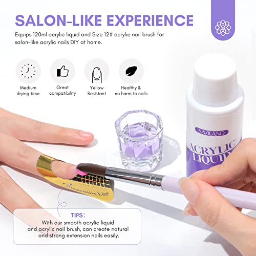 Saviland 120ml Acrylic Liquid with Acrylic Brush– Monomer for Acrylic Nails with Acrylic Nail Brush 12# MMA-Free Non-Yellowing Formula Acrylic Mo