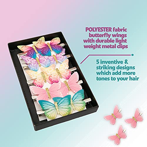 Mesmeriser Realistic Butterfly Clips Pack of 10 – 5 Assorted Matte Coloured Hair Clips for Girls – Cute Duckbill Slides in Box Packaging for Easy