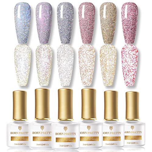 BORN PRETTY Reflective Glitter Gel Polish Holographics Reflective Gel Nail Polish Sparkly Shiny Disco DJ LED Gel Gift Set for Women