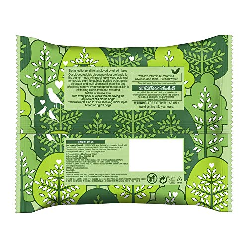 Simple Kind To Skin, Biodegradable Cleansing Make Up Remover Face Wipes For Women, Perfect for Sensitive Skin 1 Months Supply (6 Packs Of 20 Wipe