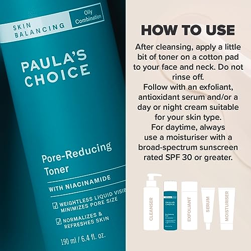 Paula's Choice SKIN BALANCING Pore Reducing Toner - Refines Enlarged Pores & Tackles Blackheads - with Niacinamide & Adenosine - Combination to O