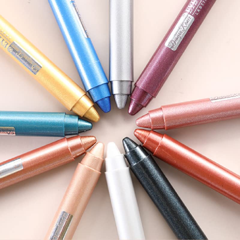 Pearlescent Silkworm Eyeshadow Pencil Crayon Lasting Waterproof and Not Blooming Shiny Pearlescent Gel Pen 12 Color Eye Shadow Pen (Set)