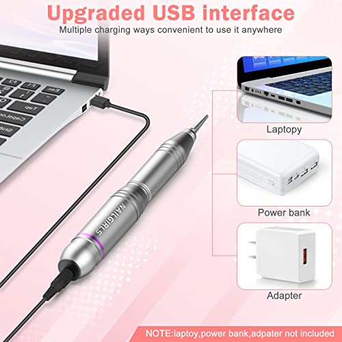 Nail Drill, NAILGIRLS Electric Nail Files, Electric Nail Drill Machine for Acrylic Nails, Portable USB 25000RPM Nail File Drill, Adjustable Speed