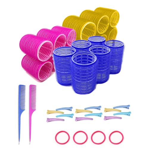 PINK Hair Rollers Pack of 16 with 12 hair rollers Size - 36mm & 4 Hair Band Self Grip Large Hair Rollers for Hair Volume - Medium Hair Curlers Ro