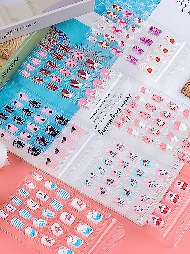 Kalolary 144 PCS 6 Pack Stick on Nails for Kids, Children Nails Press on Pre-glue Full Cover Candy Pattern Short False Nail Kits, Lovely Gift for