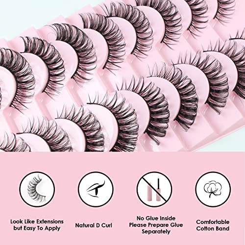 Glowingwin Cat Eye Lashes Natural Look Russian Eyelashes D Curl Russian Strip Lashes Wispy Fluffy 3D Faux Mink Lashes Hybrid Strip Lashes 10 Pair
