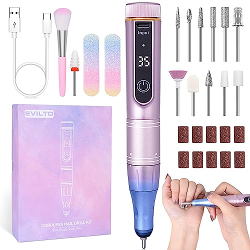 EVILTO Electric Nail Files Cordless, Professional Nail Drill LCD Display With 12 Bits 35 Speed 35000RPM Rechargeable Manicure Pedicure EFile For