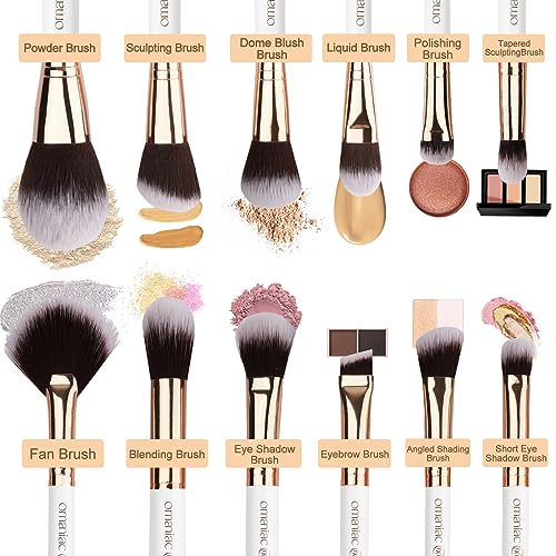 OMANIAC® Professional Makeup Brushes Set (12Pcs), Pearl Flash Handles, Comfortable To Hold And Easy To Use. Full Face Travel Make up Brushes Set
