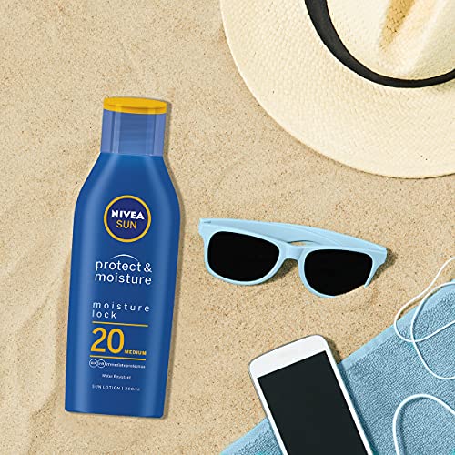 NIVEA SUN Protect & Moisture Sun Lotion SPF 20 (200 ml), Suncream with Vitamin E, Provides 48 Hour Moisture and Immediate UVA & UVB Protection (P