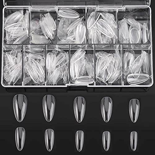 Almond Shaped Nail Tips 500Pcs Clear Acrylic Medium Nails Full Cover with Case for DIY Nail Art, 10 Sizes