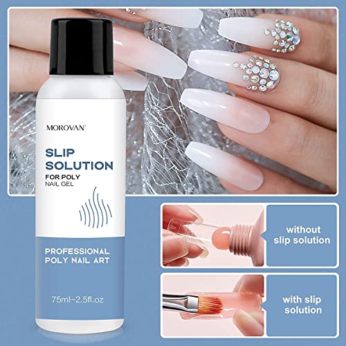 Morovan Slip Solution Poly Gel Nail Extension Gel Slip Solution 2.5oz Anti-stick Gel Solution Liquid With Brush Nail Tips Clips Crystal Cup for P