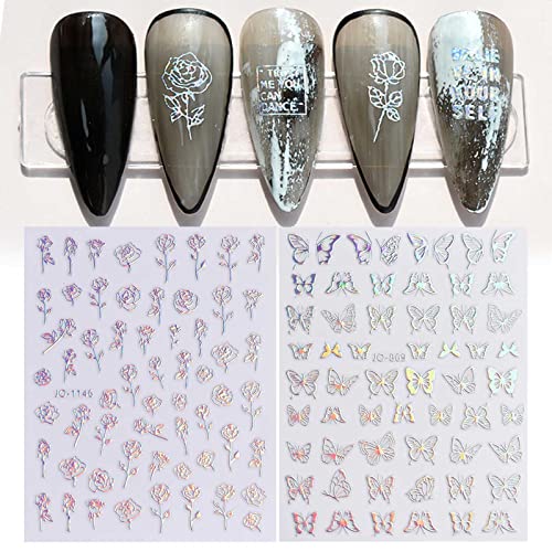 9 Sheets Aurora Holographic Nail Art Stickers Decals Self-Adhesive Heart Flame Stars Butterfly Moon Nail Supplies Nail Art Design Decoration Acce