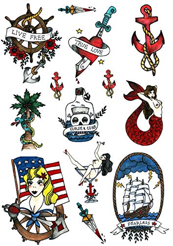 Sailor Seaman Marine Temporary Tattoo Set by Tatsy, Original Cool Unique Oldschool Design, Party Fun Tattoos, Fake Tattoo Body Art Cover Up for M