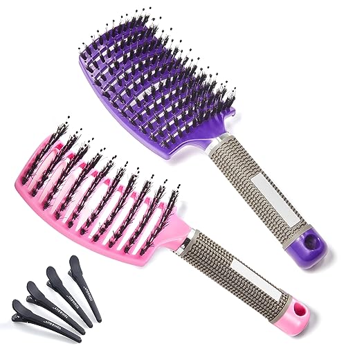 Lictin Curly Hair Brush Comb - Detangler Brush Set Boar Bristle Paddle 2 Hairbrush, Hair Brush Comb Set with 4 Haircilps for Hair Salon or Home S