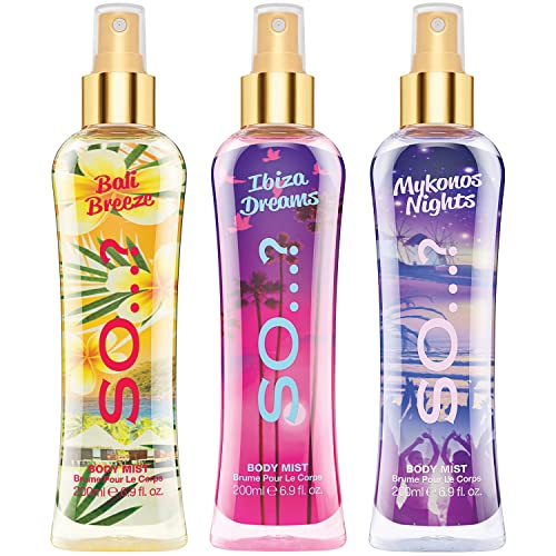 So…? Summer Escapes Womens Bali Breeze, Ibiza Dreams, Mykonos Nights Body Mist Mixed Fragrance 200ml Bundle (Pack of 3)