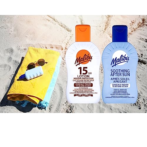 Malibu Sun Lotion Sunscreen SPF15 100ml bundled with Malibu After Sun Soothing Cooling Lotion 100ml - Travel Bundle by Deluxio Gifts