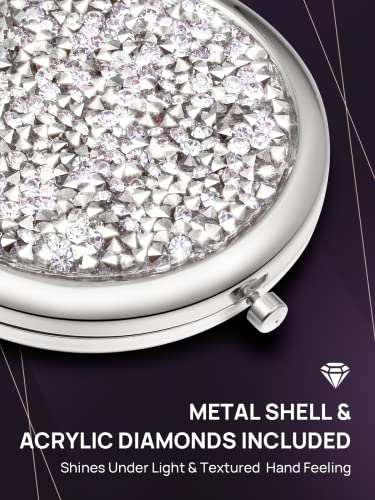 OMIRO Compact Mirror, Mini Mix Diamond 1X/2X Magnifying Round Metal Pocket Makeup Mirror (Silver)